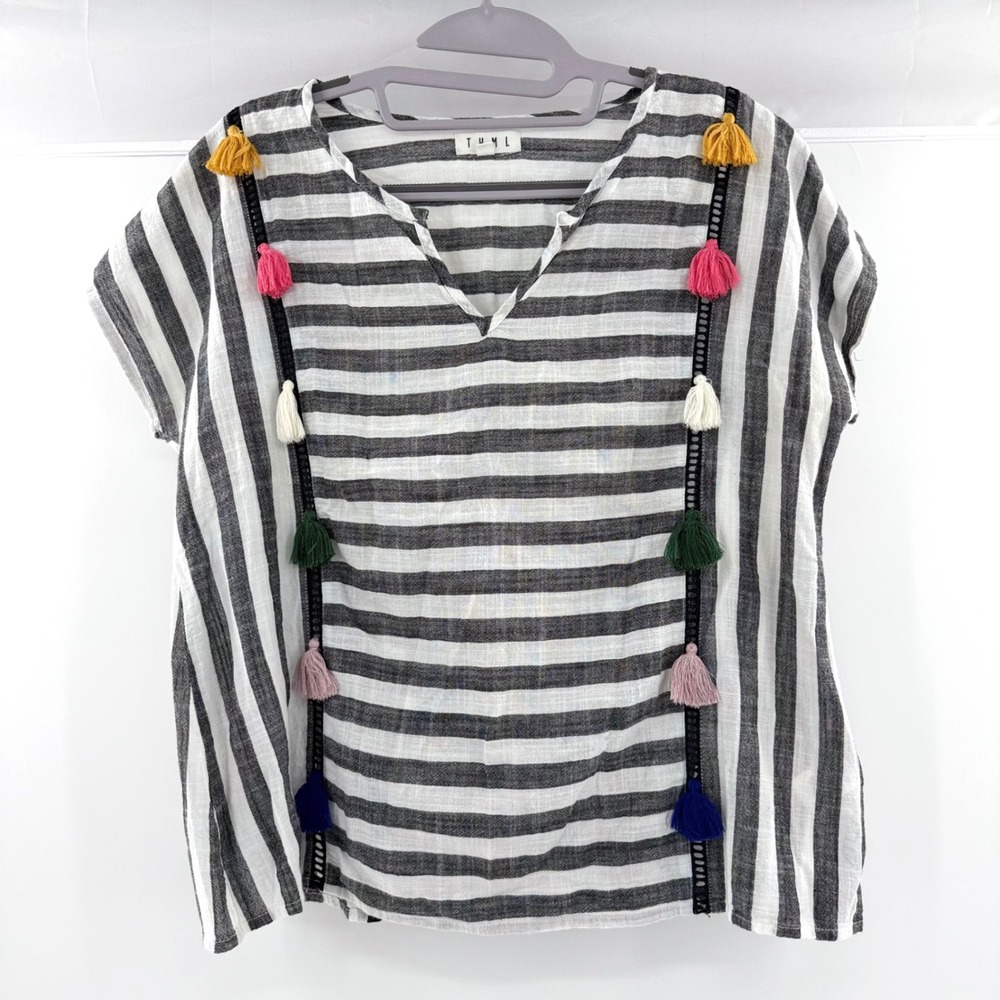 THML Black/White 100% Cotton Boho Striped Tassel Trim Blouse Womens Small
